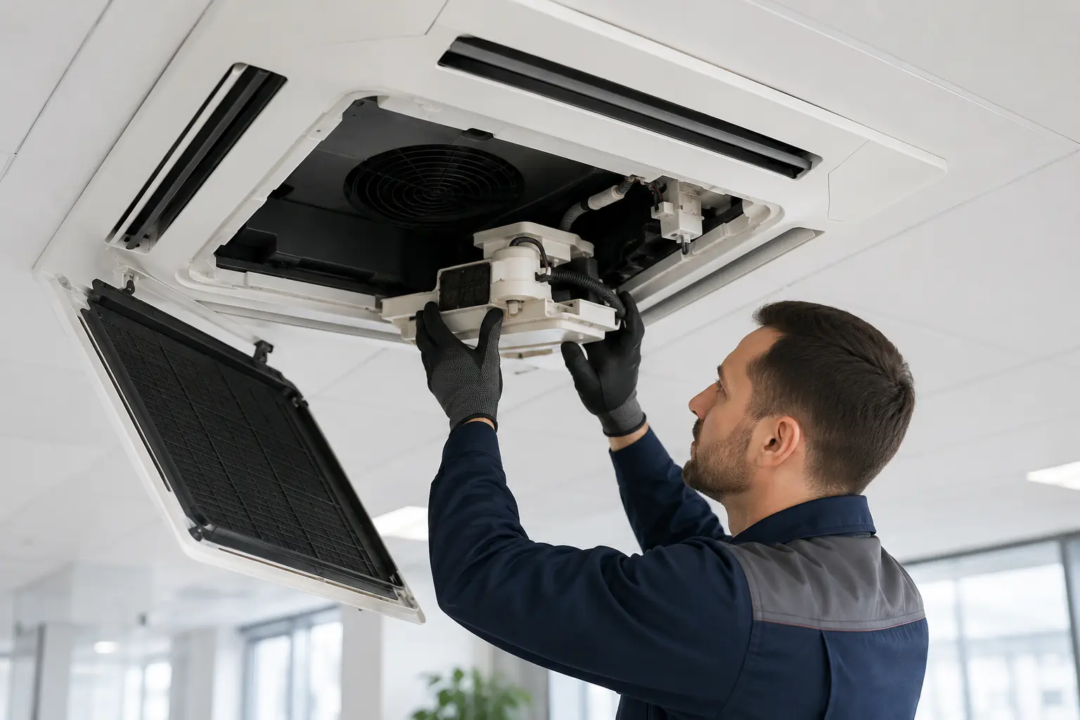 Кассетный кондиционер Mitsubishi Electric с ошибкой P5 на дисплее, мастер осматривает дренажный поддон