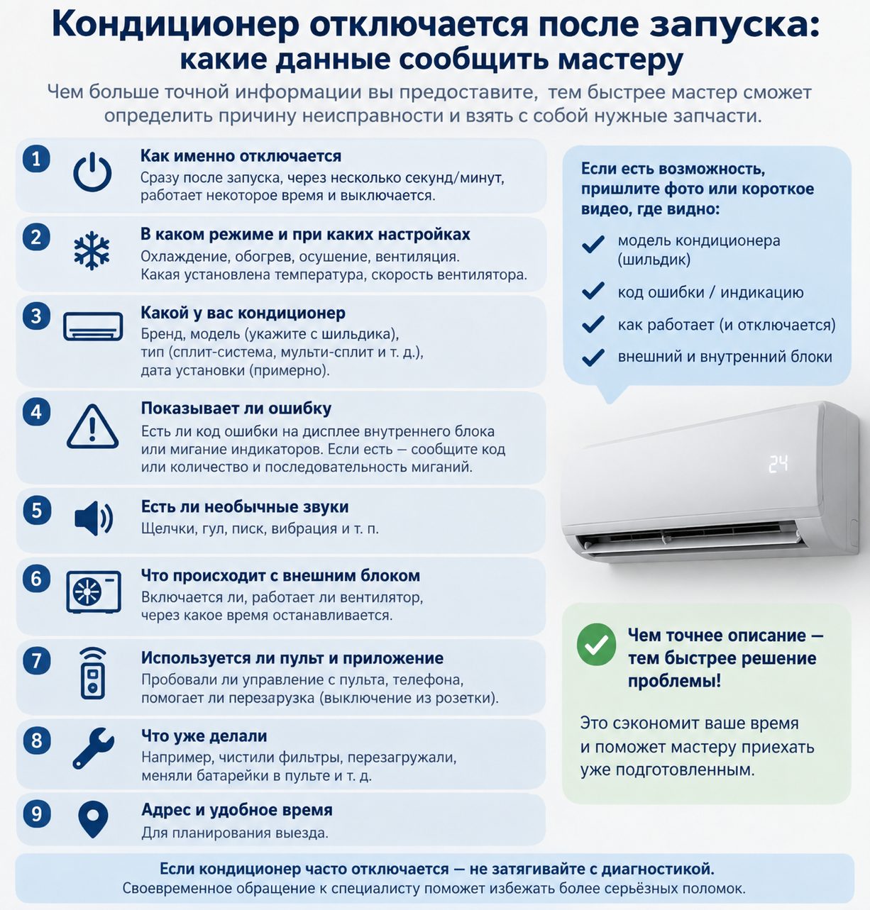 Кондиционер отключается после запуска: какие данные сообщить мастеру